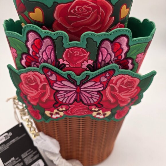Loungefly Floral Butterfly Wicker Basket Crossbody Bag Roses NWT - Picture 3 of 7